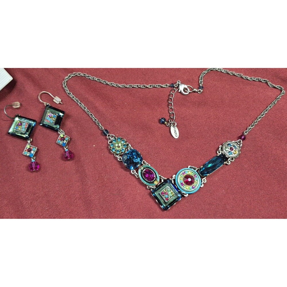Vintage Firefly La Dolce Vita Mosaic Crystal Necklace & Earrings Set Demi Parure